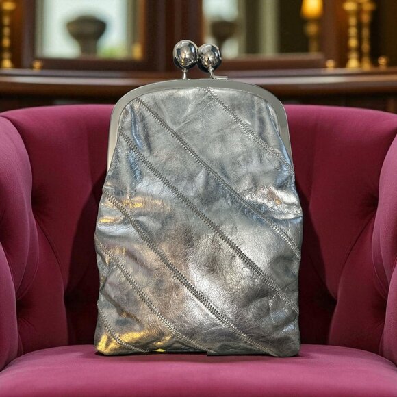 Bebe Purse Silver Leather Fold Over Kiss Lock Clutch Dome Frame Evening Handbag - Picture 5 of 9